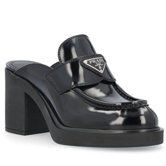 NIB Prada Chocolate Brushed Leather Heeled Loafer Mules EU 37.5 US 7.5 - Picture 1 of 11